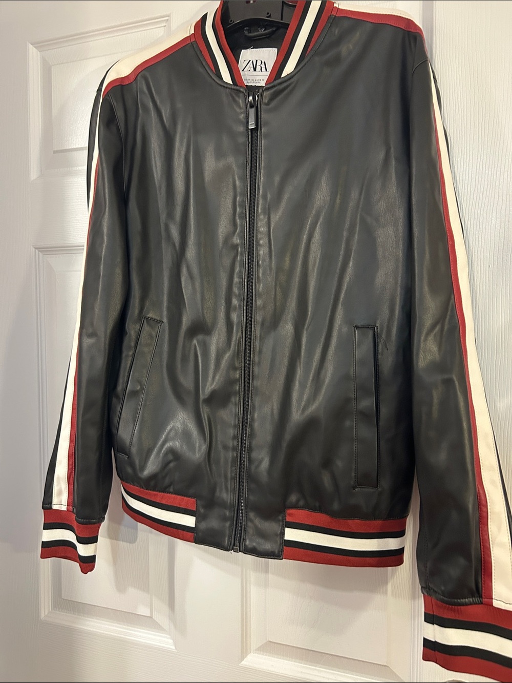 Zara Black Bomber Faux Leather Jacket with Red and White Stripes